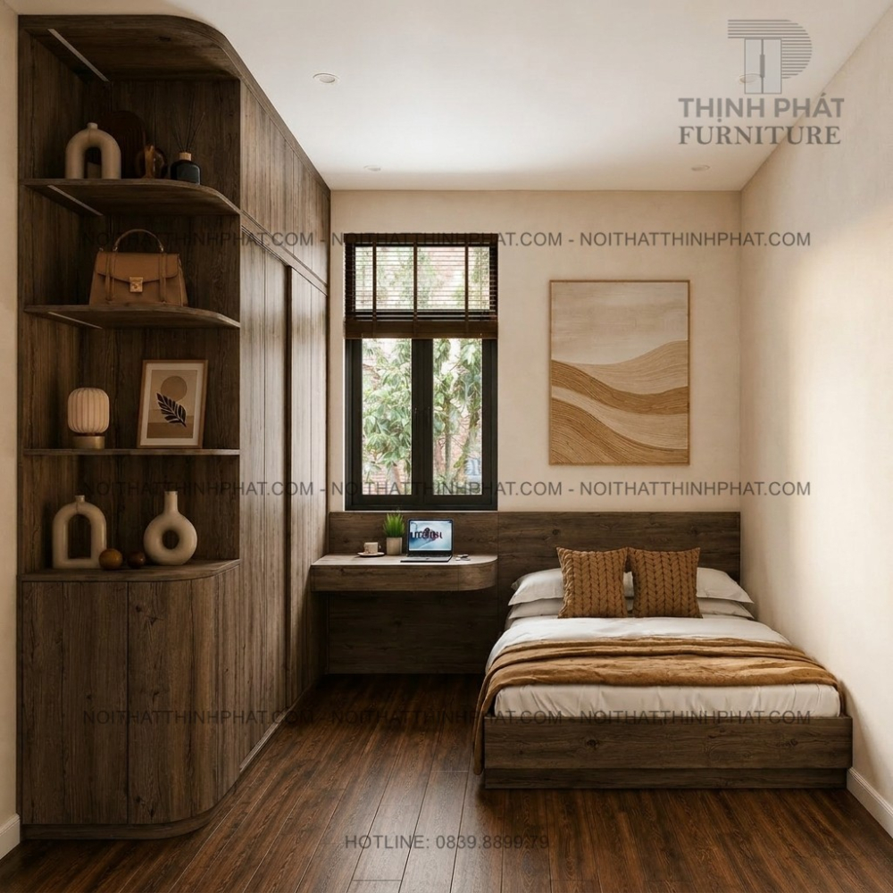 Combo Phòng Ngủ Hiện Đại Tone Gỗ Óc Chó Trầm Ấm Có Bàn Làm Việc Treo Tường - PN05